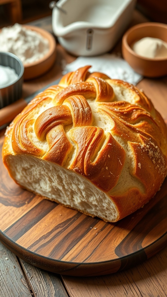 A golden braided loaf of bread on a wooden board, with slices showing the soft texture inside.